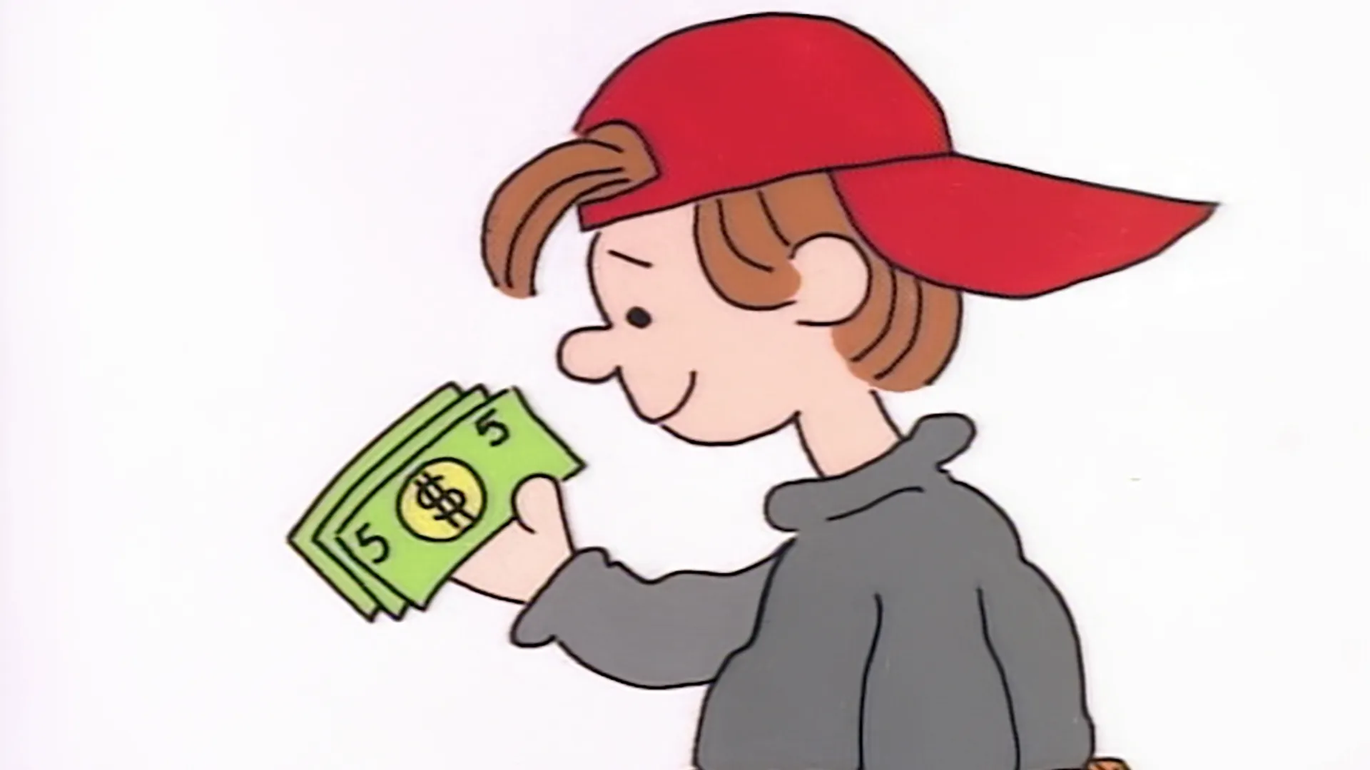 A boy in a red cap holding some five dollar bills.