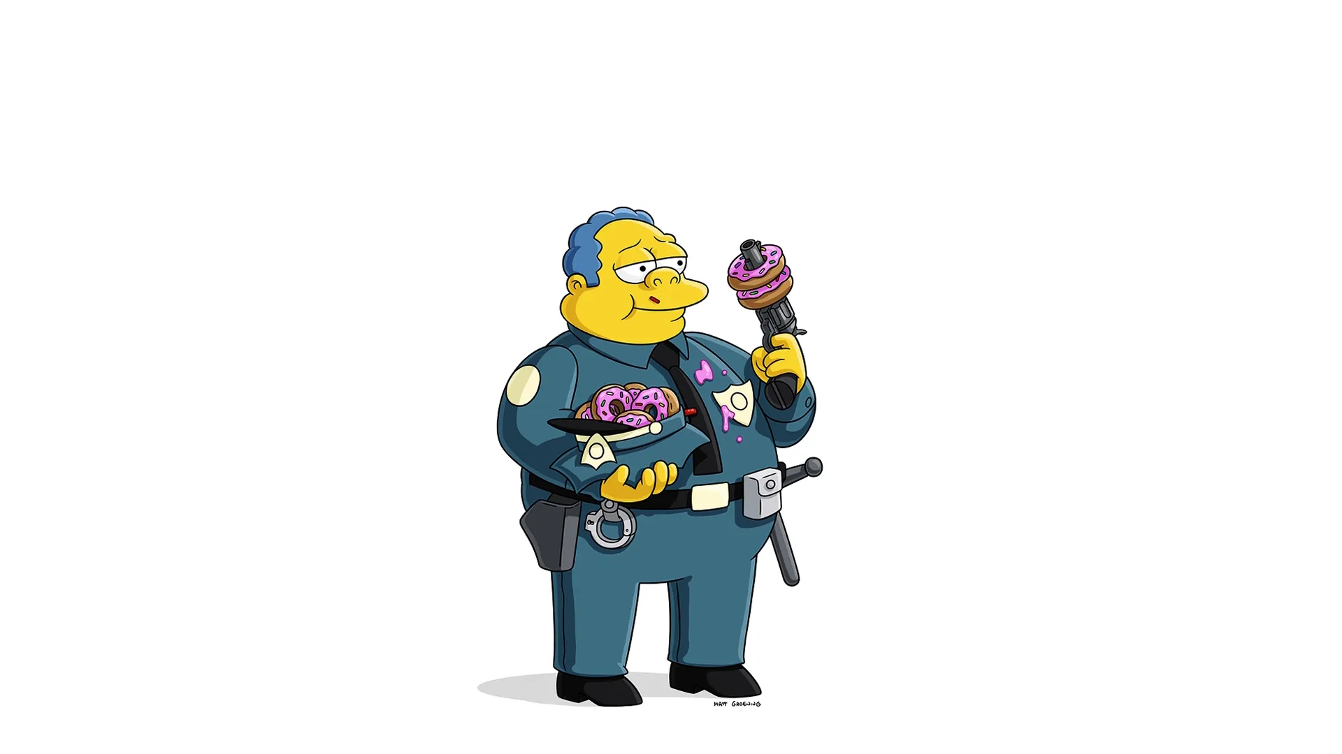 Ilustração digital do Chefe Clancy Wiggum, de Os Simpsons, conhecido como o chefe preguiçoso e apaixonado por rosquinhas do departamento de polícia de Springfield. Ele é retratado como um policial incompetente e estereotipado, segurando uma arma usada para espetar uma rosquinha com cobertura rosa.