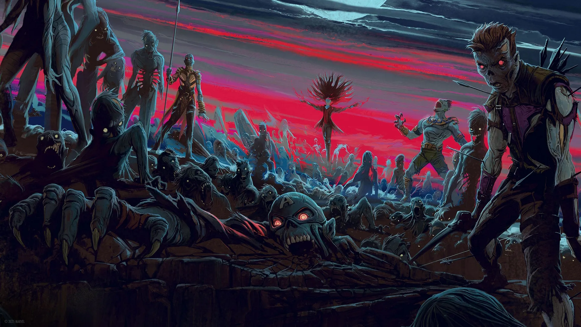 Marvel Zombies key art featuring a zombified Scarlet Witch and Captain America rising from the ground.