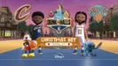 Dunk The Halls promotional image featuring an animated Donovan Mitchell (Cleveland Cavaliers, No.45) and Jalen Brunson (New York Knicks, No. 11) standing behind Mickey Mouse and Stitch respectively. Cavaliers vs. Knicks at 12pm ET on Christmas Day. Exclusively on Disney+.