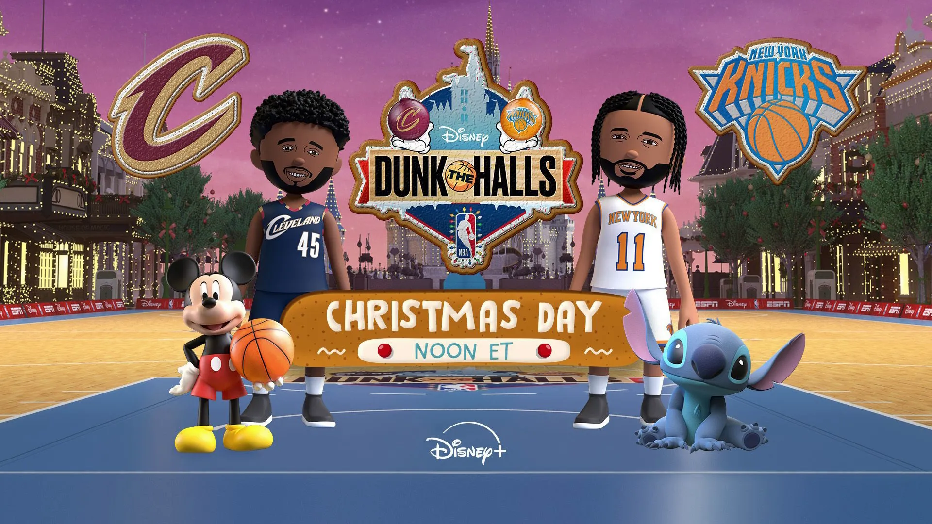 Dunk The Halls promotional image featuring an animated Donovan Mitchell (Cleveland Cavaliers, No.45) and Jalen Brunson (New York Knicks, No. 11) standing behind Mickey Mouse and Stitch respectively. Cavaliers vs. Knicks at 12pm ET on Christmas Day. Exclusively on Disney+.