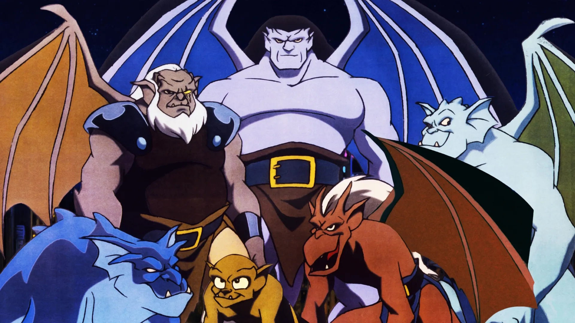 Promotional graphic of the Manhattan Clan from the 1990s Disney animated series Gargoyles. The image shows Goliath standing prominently in the center, flanked by Hudson, Brooklyn, Broadway, Lexington, and the beast Bronx against a dark night sky.