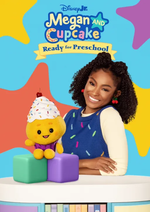 Disney Jr. Megan and Cupcake: Ready for Preschool featuring the host alongside the Cupcake character in a colorful preschool-themed setting.