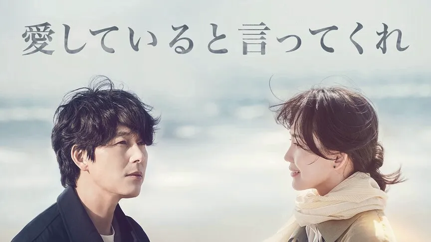 『愛していると言ってくれ』のカバー画像。浜辺で、右側を見つめるチャ・ジヌ（左）、左側にいるチャ・ジヌを見つめるチョン・モウン（右）