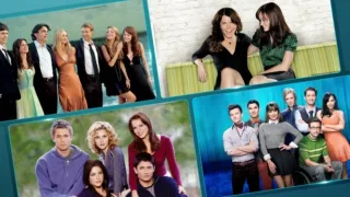 A collage of promotional photos from four iconic 2000s television shows: The O.C., Gilmore Girls, One Tree Hill, and Glee. Each panel features group shots of the main ensemble casts smiling and posing together.
