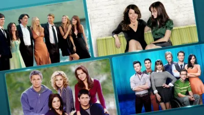 A collage of promotional photos from four iconic 2000s television shows: The O.C., Gilmore Girls, One Tree Hill, and Glee. Each panel features group shots of the main ensemble casts smiling and posing together.