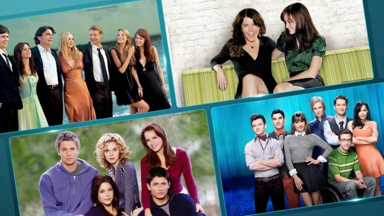 A collage of promotional photos from four iconic 2000s television shows: The O.C., Gilmore Girls, One Tree Hill, and Glee. Each panel features group shots of the main ensemble casts smiling and posing together.