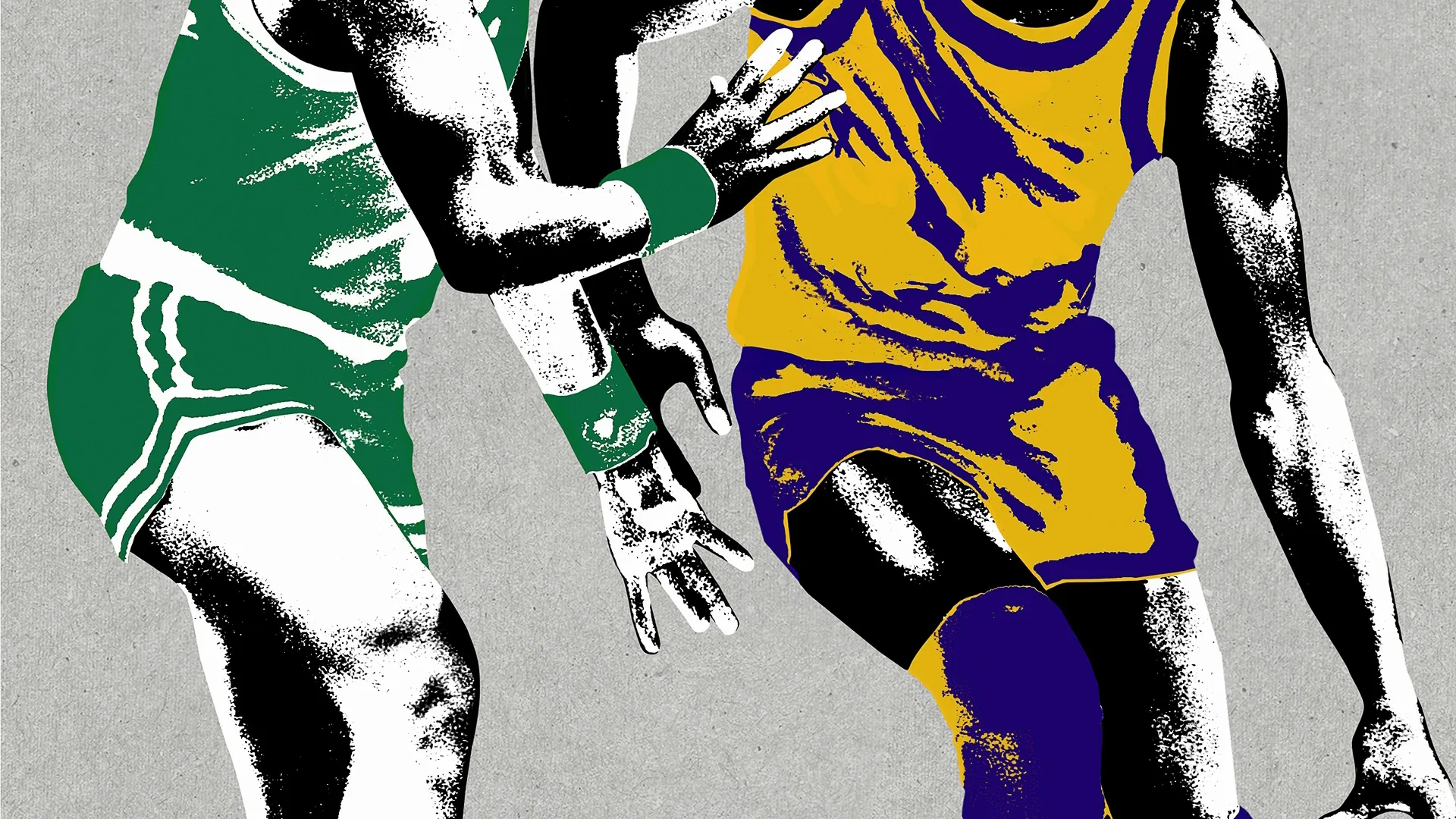 Stylised image of a Lakers player dribbling the basketball while a Celtics player guards him.