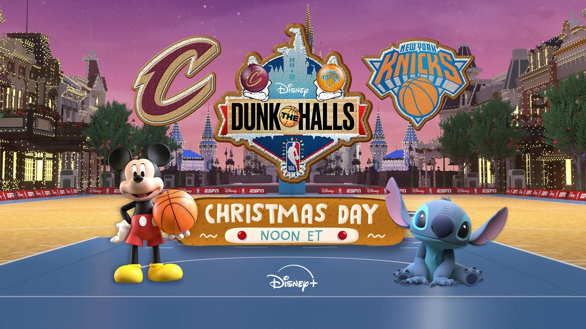 Promotional image for Dunk the Halls 2025 featuring Mickey Mouse and Stitch. Cavaliers vs. Knicks, Christmas Day at Noon ET.
