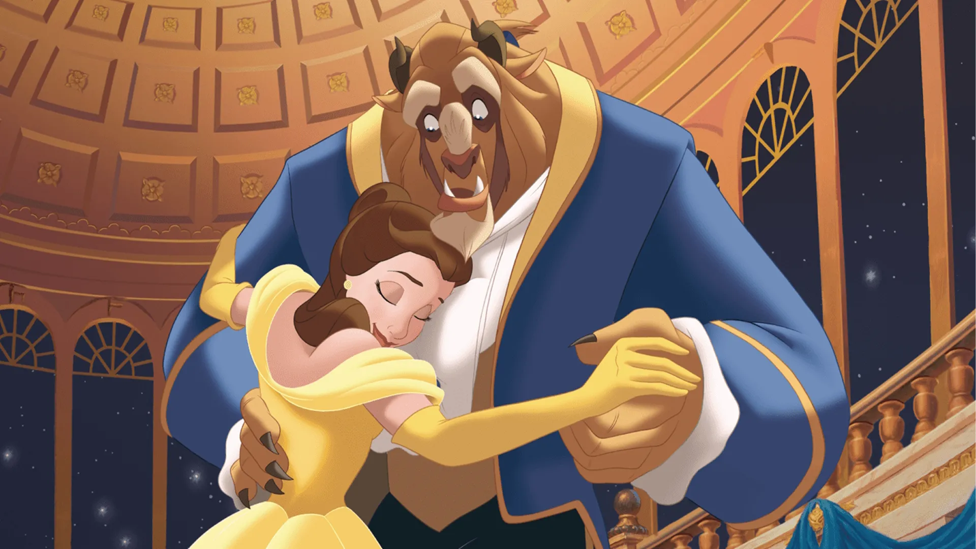 Belle in her yellow ballroom gown dancing with the Beast in his blue suit inside the grand castle ballroom from Disney's 1991 animated film Beauty and the Beast.