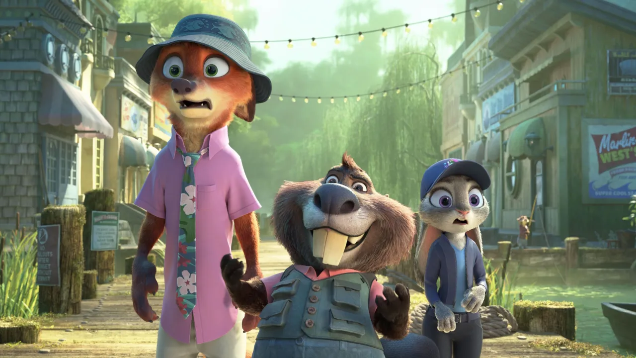  Nick Wilde (voiced by Jason Bateman), Nibbles Maplestick (voiced by Fortune Feimster), and Judy Hopps (voiced by Ginnifer Goodwin) walking through Marsh Market