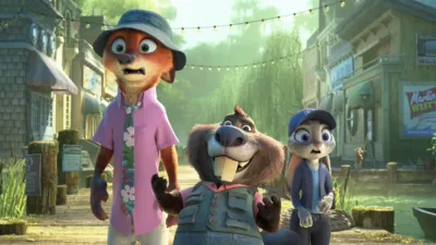 Nick Wilde (voiced by Jason Bateman), Nibbles Maplestick (voiced by Fortune Feimster), and Judy Hopps (voiced by Ginnifer Goodwin) walking through Marsh Market