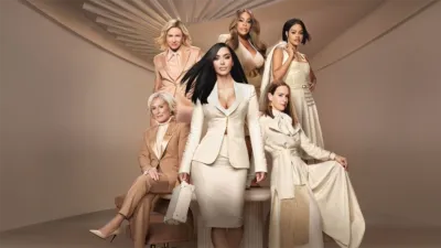 Key art for All's Fair Season 2.  Cast Members Pictured (from left to right ): Naomi Watts as Liberty Ronson, Niecy Nash-Betts as Emerald Greene, Teyana Taylor as Milan, Glenn Close as Dina Standish, Kim Kardashian as Allura Grant, and Sarah Paulson as Carrington Carr Lane