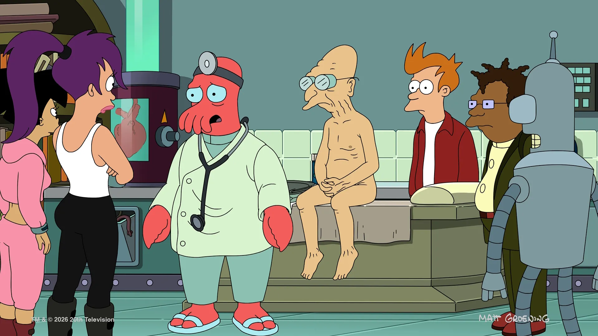 Dr. Zoidberg está de jaleco, e o professor Farnsworth está nu sobre uma mesa, enquanto Leela, Fry e Hermes observam