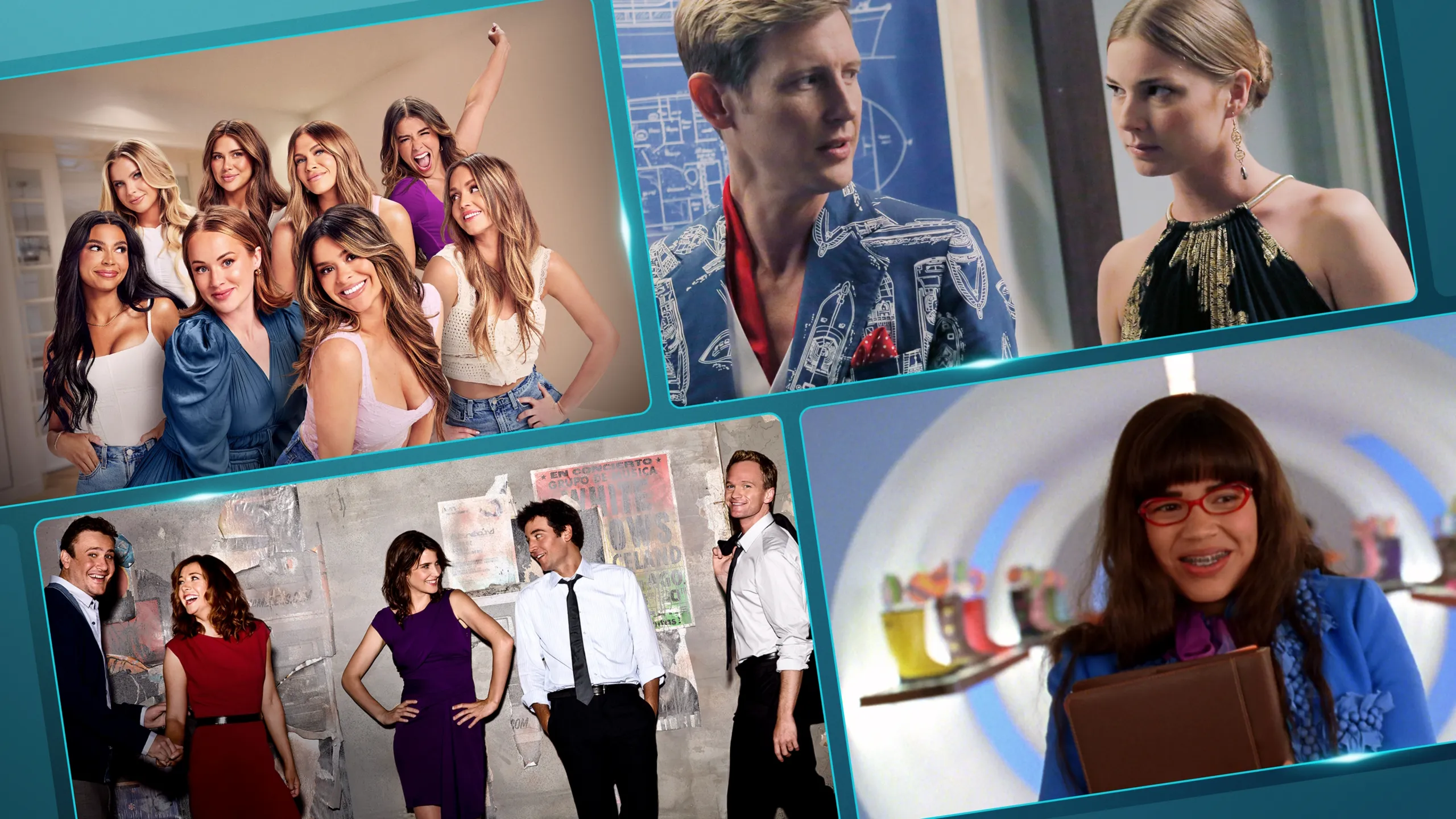 Four tile grid showcasing available titles with Hulu in March 2026, including The Secret Lives of Mormon Wives, Revenge, How I Met Your Mother, and Ugly Betty.