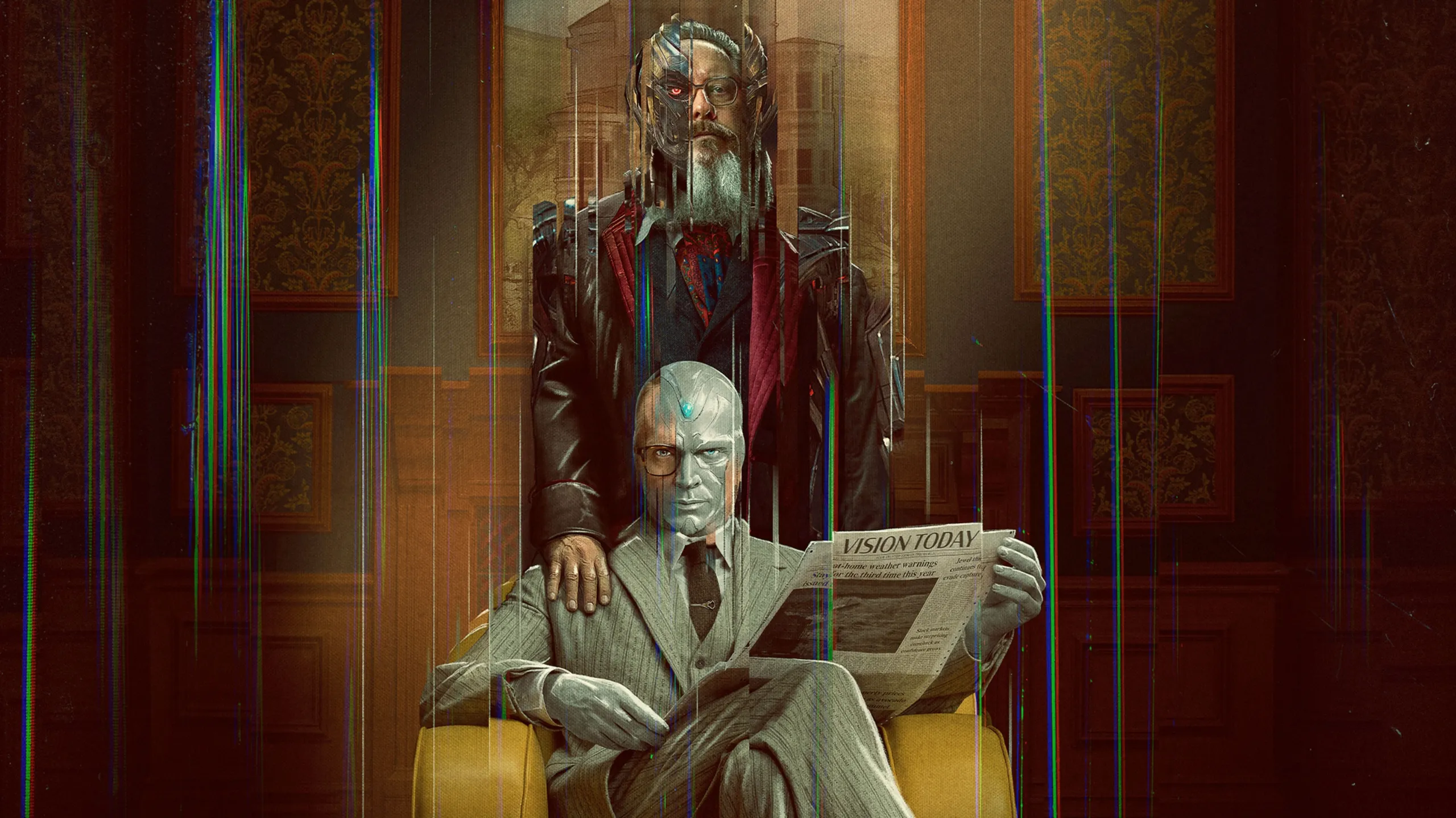 An official promotional poster for Marvel Television's VisionQuest shows Vision sitting in a yellow armchair reading a newspaper, while James Spader's human-form Ultron stands directly behind him with a hand on his shoulder against a wood-paneled room distorted by glitch effects.