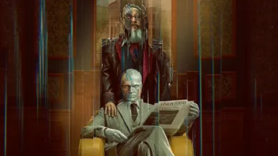 An official promotional poster for Marvel Television's VisionQuest shows Vision sitting in a yellow armchair reading a newspaper, while James Spader's human-form Ultron stands directly behind him with a hand on his shoulder against a wood-paneled room distorted by glitch effects.