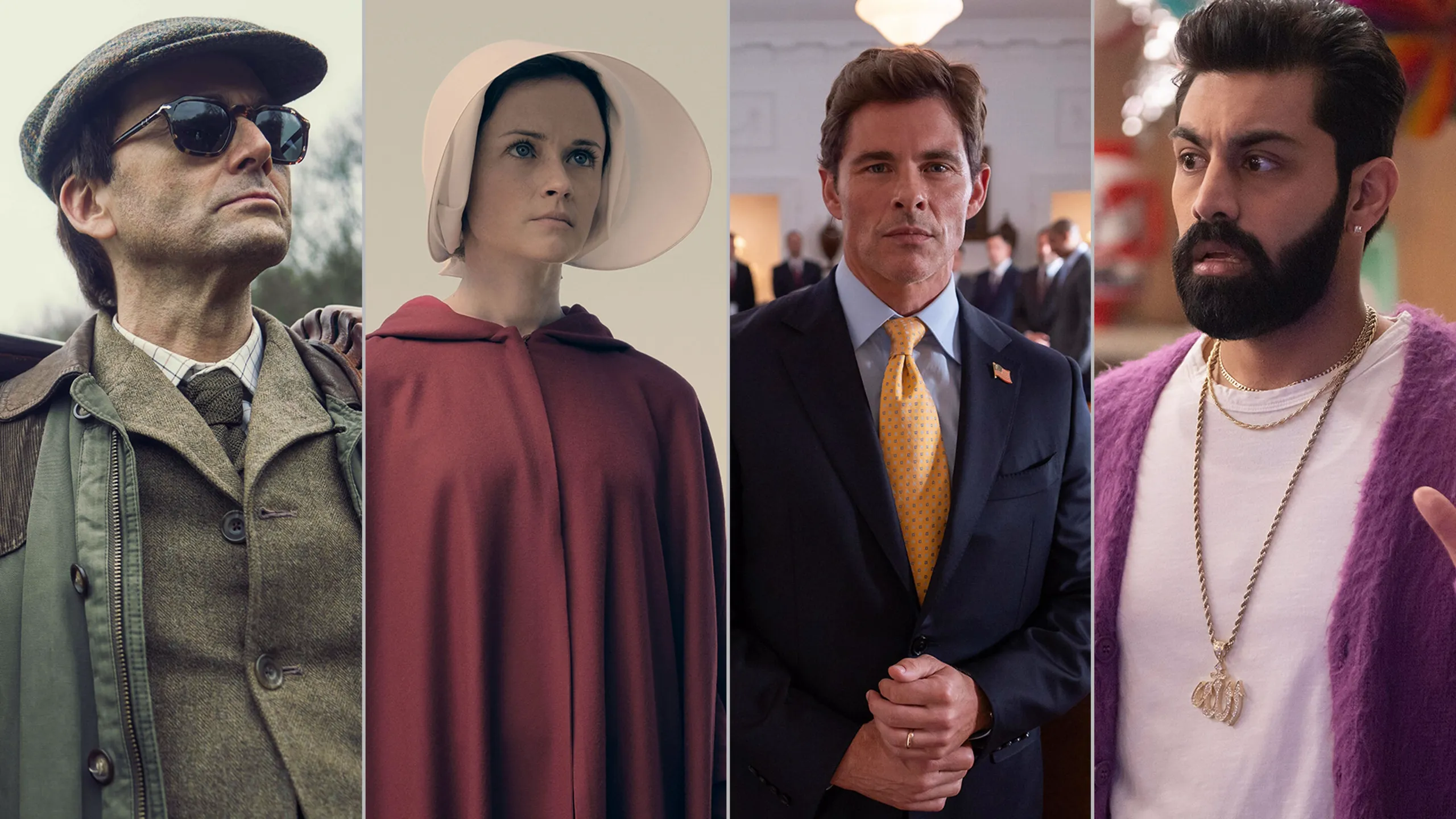Central play icon with images from series featured in the article including, The Handmaid's Tale, Paradise, and Rivals.
