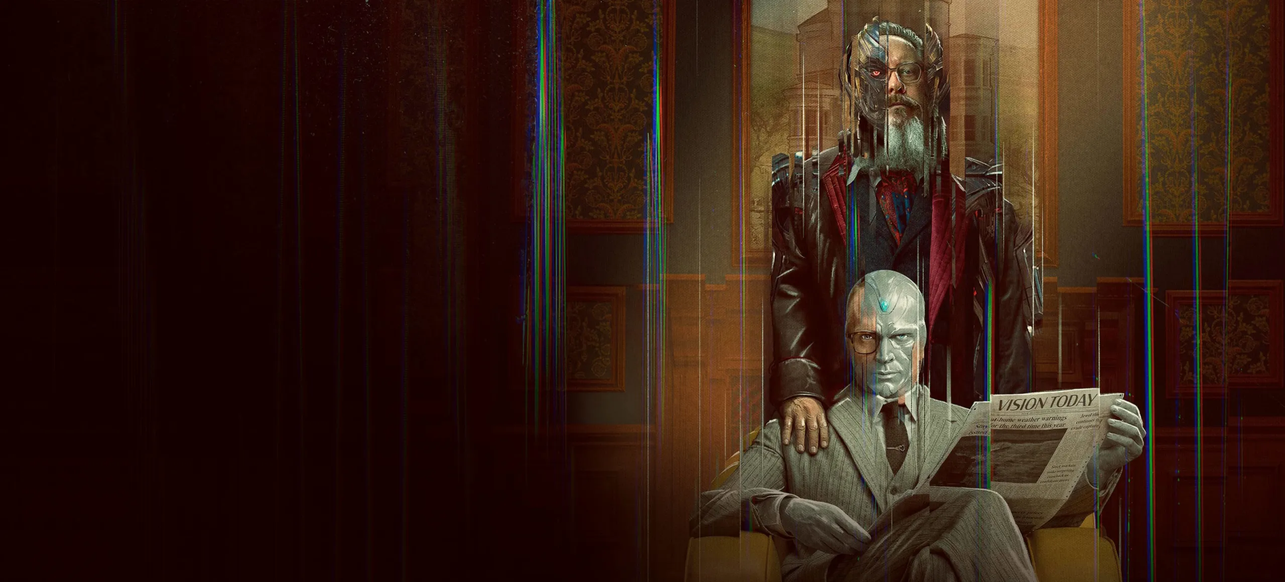VisionQuest series artwork featuring two characters with robotic features in a vintage living room.