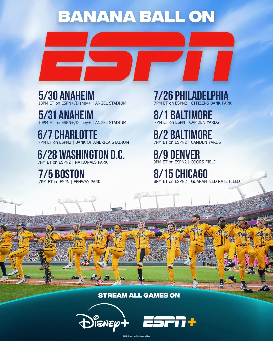 Banana Ball 2025 Summer Schedule | Anaheim 5/30 and 5/31, Charlotte 6/7, Washington D.C. 6/28, Boston 7/5, Philadelphia 7/26, Baltimore 8/1 and 8/2, Denver 8/9, and Chiago 8/15 | Stream all games on Disney+ and ESPN 