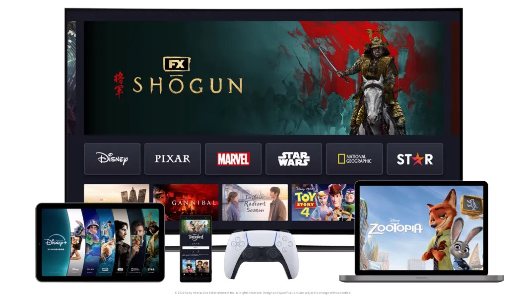 4 Devices showcasing the Disney+ product on TV, Mobile, Laptop, and Tablet