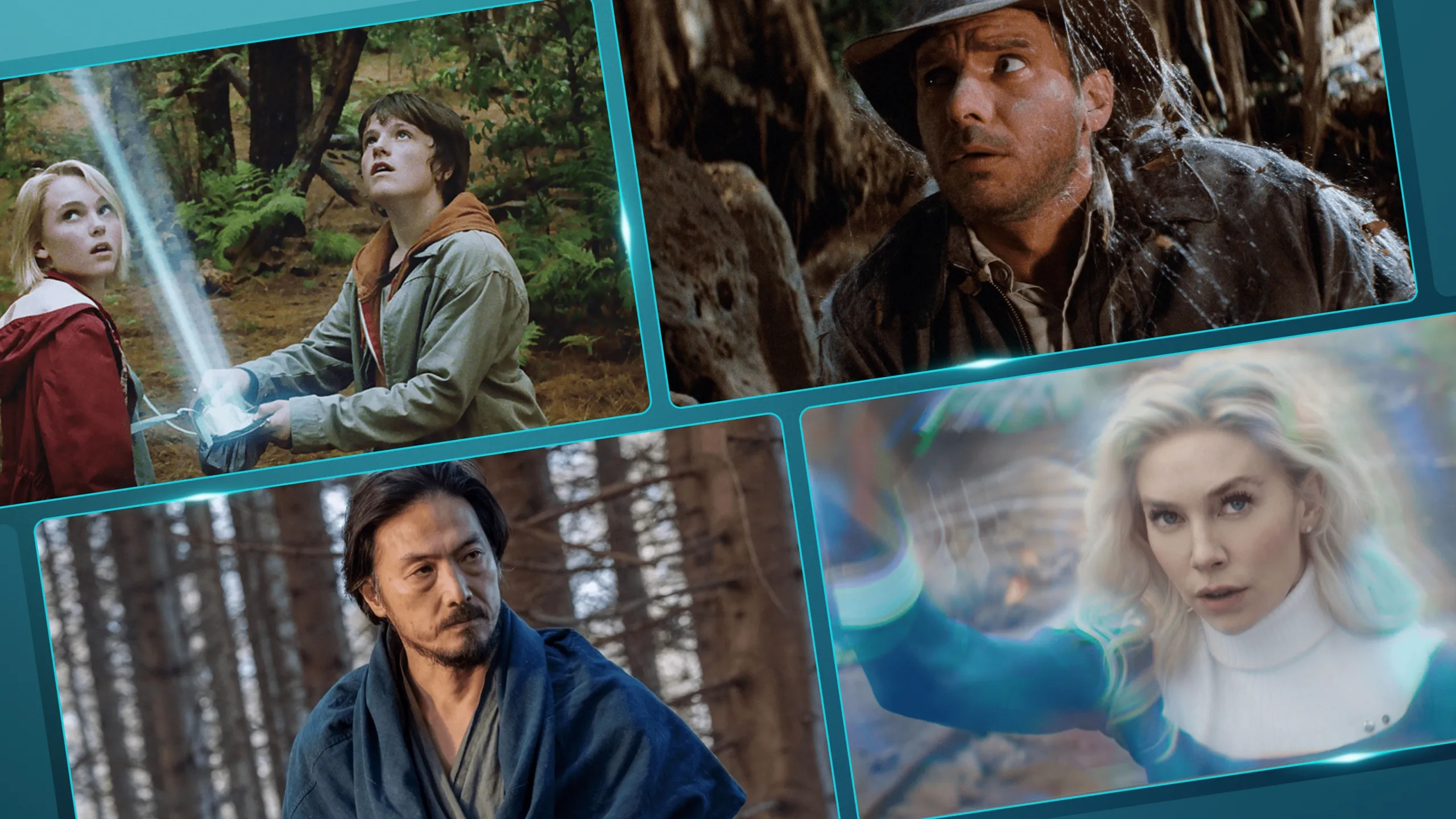 A collage of pictures from Bridge to Terabithia, Indiana Jones™ and the Raiders of the Lost Ark, Tornado, and Marvel Studios' The Fantastic Four: First Steps