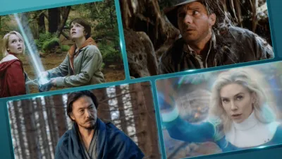 A collage of pictures from Bridge to Terabithia, Indiana Jones™ and the Raiders of the Lost Ark, Tornado, and Marvel Studios' The Fantastic Four: First Steps