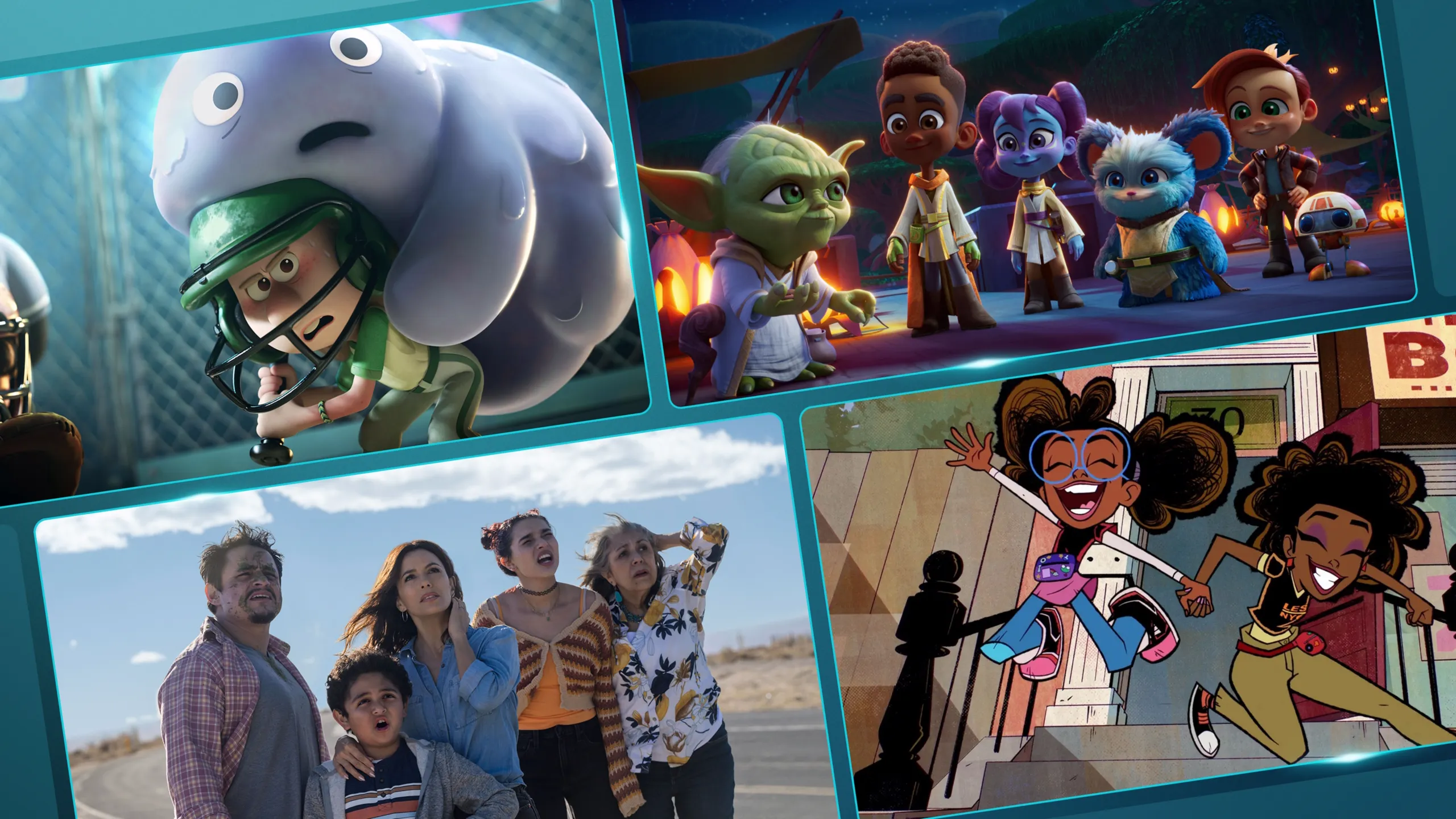 Collage showing Children's & Family Emmy® nominated titles such as Young Jedi Adventures, Win or Lose, and Marvel's Moon Girl and Devil Dinosaur. 