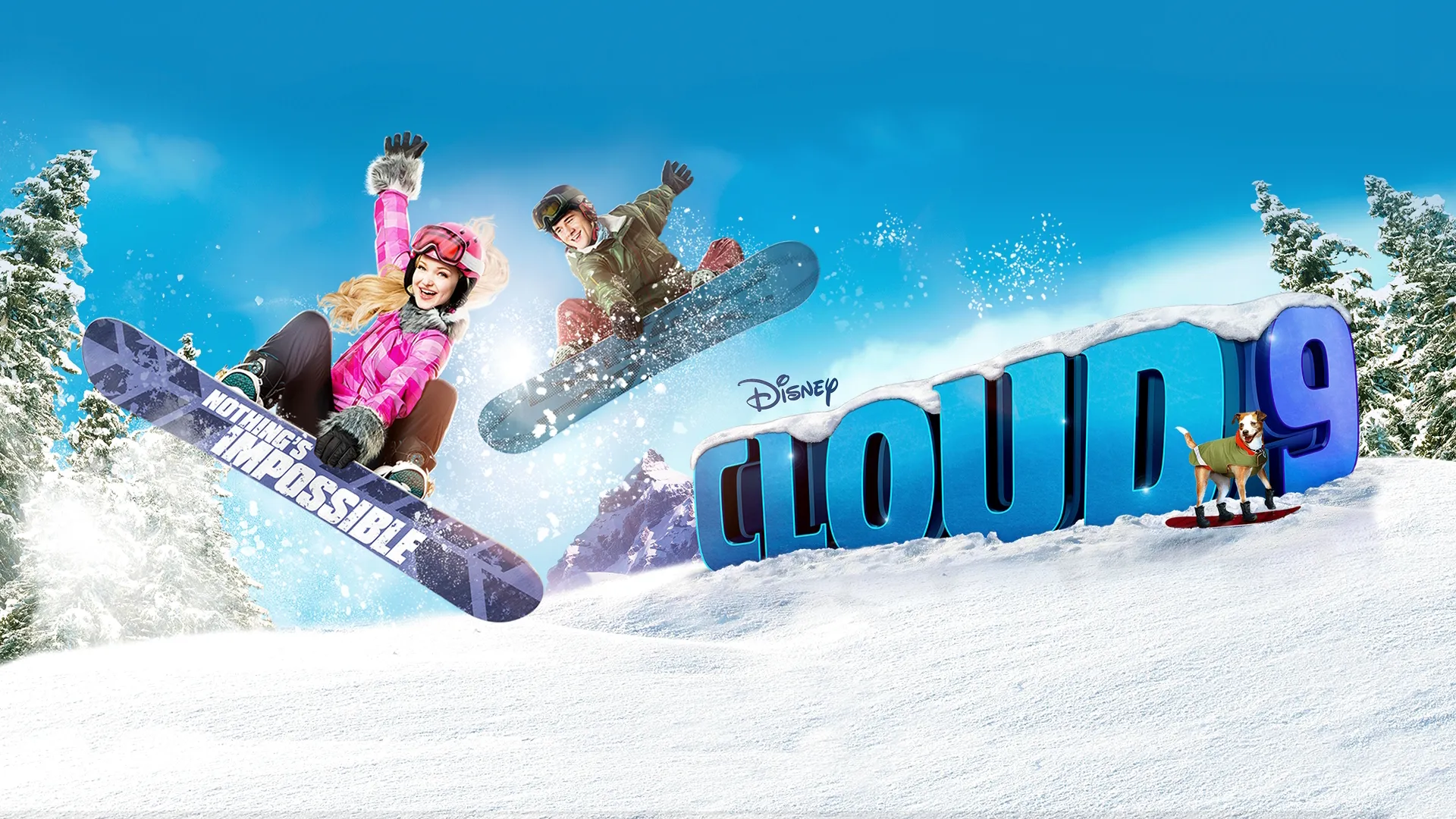 Kayla (Dove Cameron) and Will (Luke Benward) jump in the air on snowboards on the poster for Cloud 9