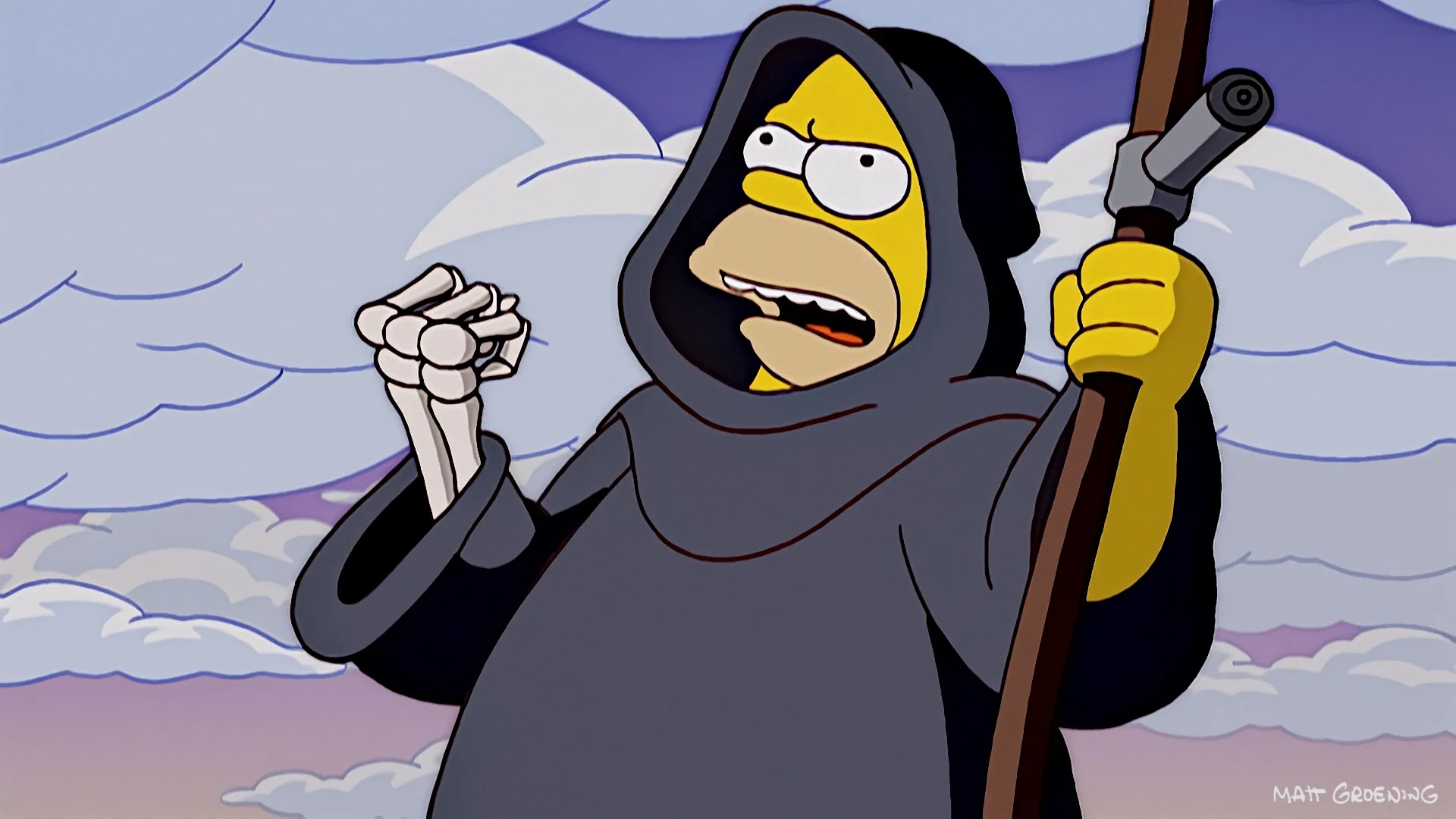 Homer Simpson, dressed in the dark hooded robe of the Grim Reaper, looks angry as he raises a skeletal hand while holding his scythe against a cloudy sky.