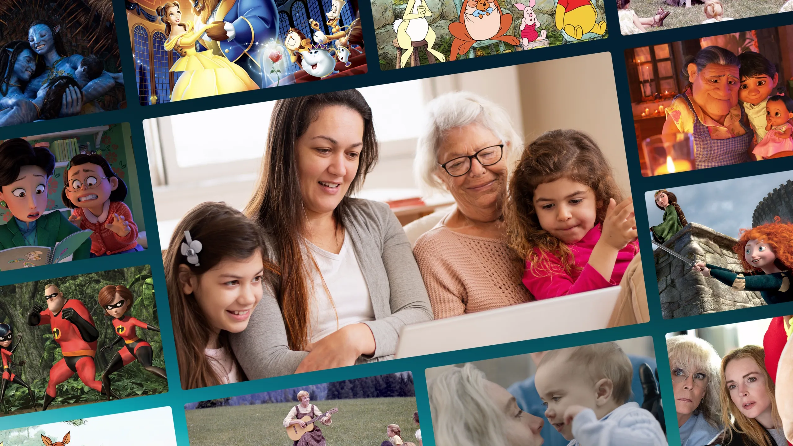 This image collage features stills from various Disney films, showcasing a variety of animated and live-action characters.
