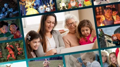 This image collage features stills from various Disney films, showcasing a variety of animated and live-action characters.