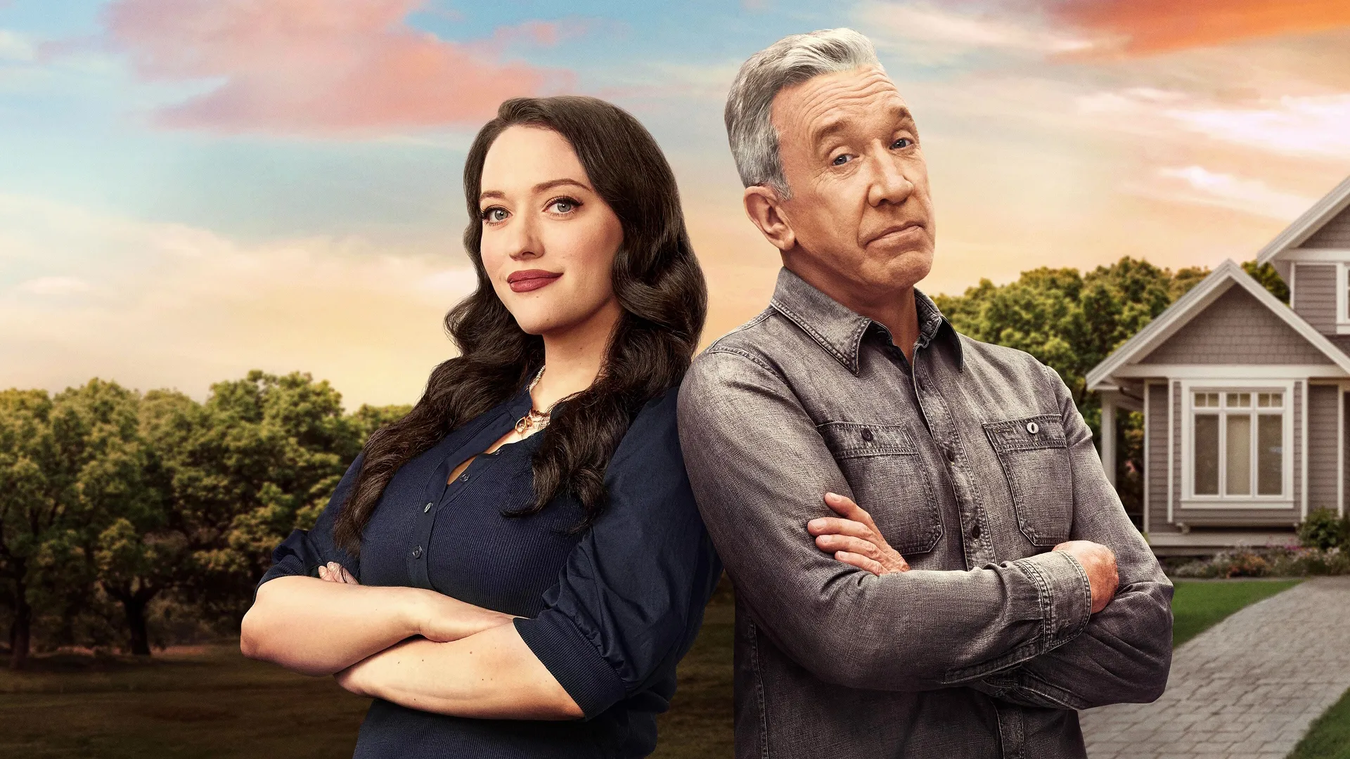 Riley (Kat Dennings) and Matt (Tim Allen) stand shoulder-to-shoulder in front of a house.