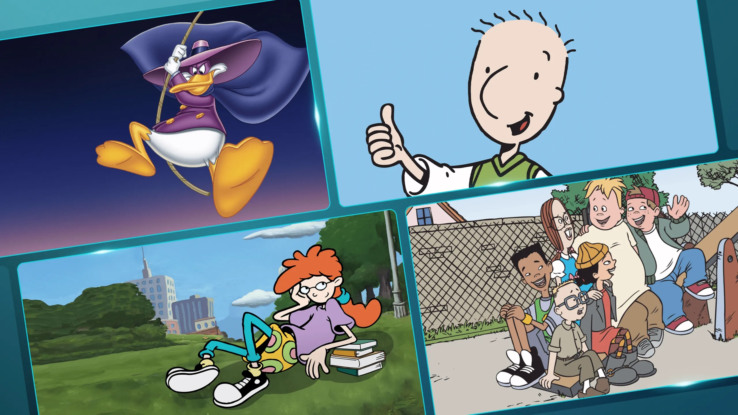 This image displays a collection of beloved characters from 1990s animated television series.