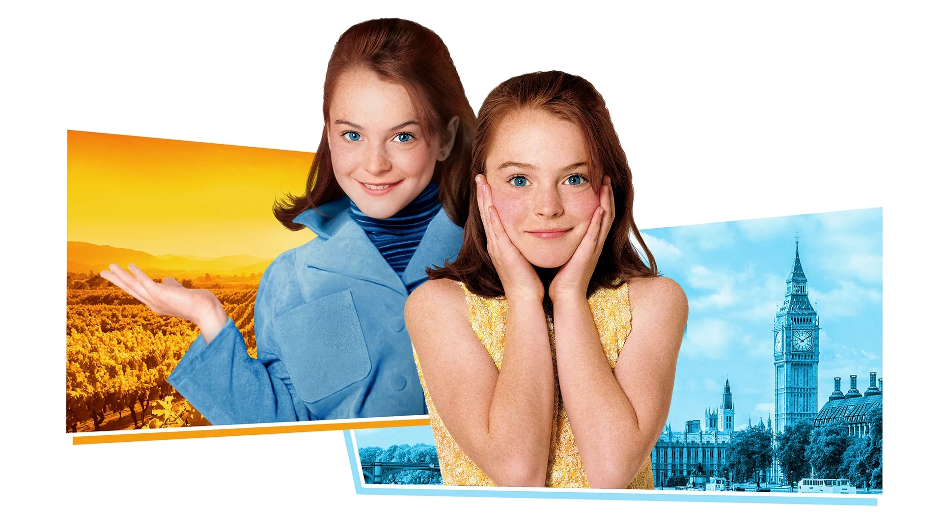 Promotional artwork for The Parent Trap, featuring twins Hallie and Annie (Lindsay Lohan) posed in front of a vineyard and London