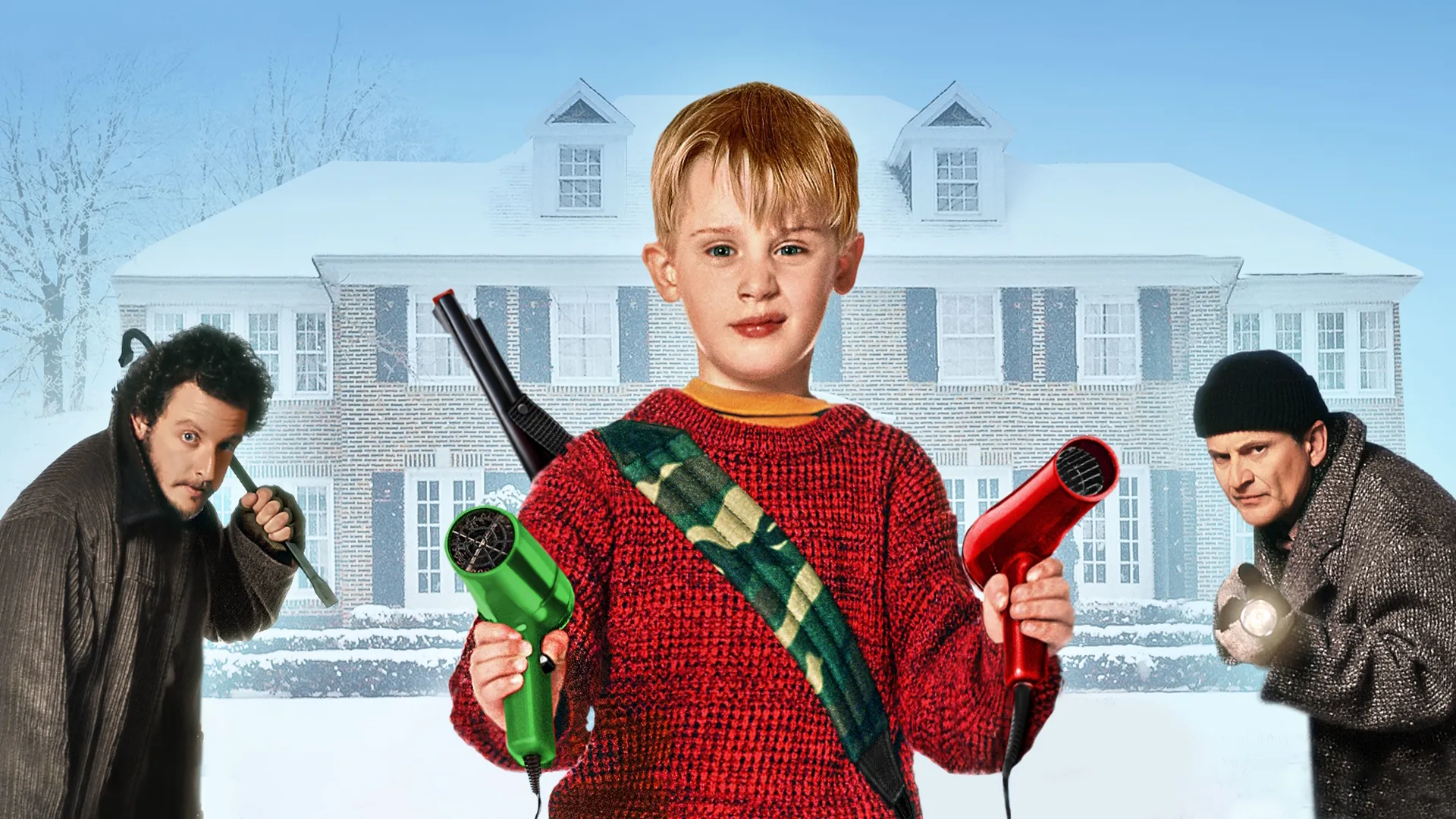 Kevin McCallister (Macauley Cullkin) stands at the ready with two hairdryers in his hands while the Wet Bandits, Marv (Daniel Stern) and Harry (Joe Pesci) are behind him at either side.