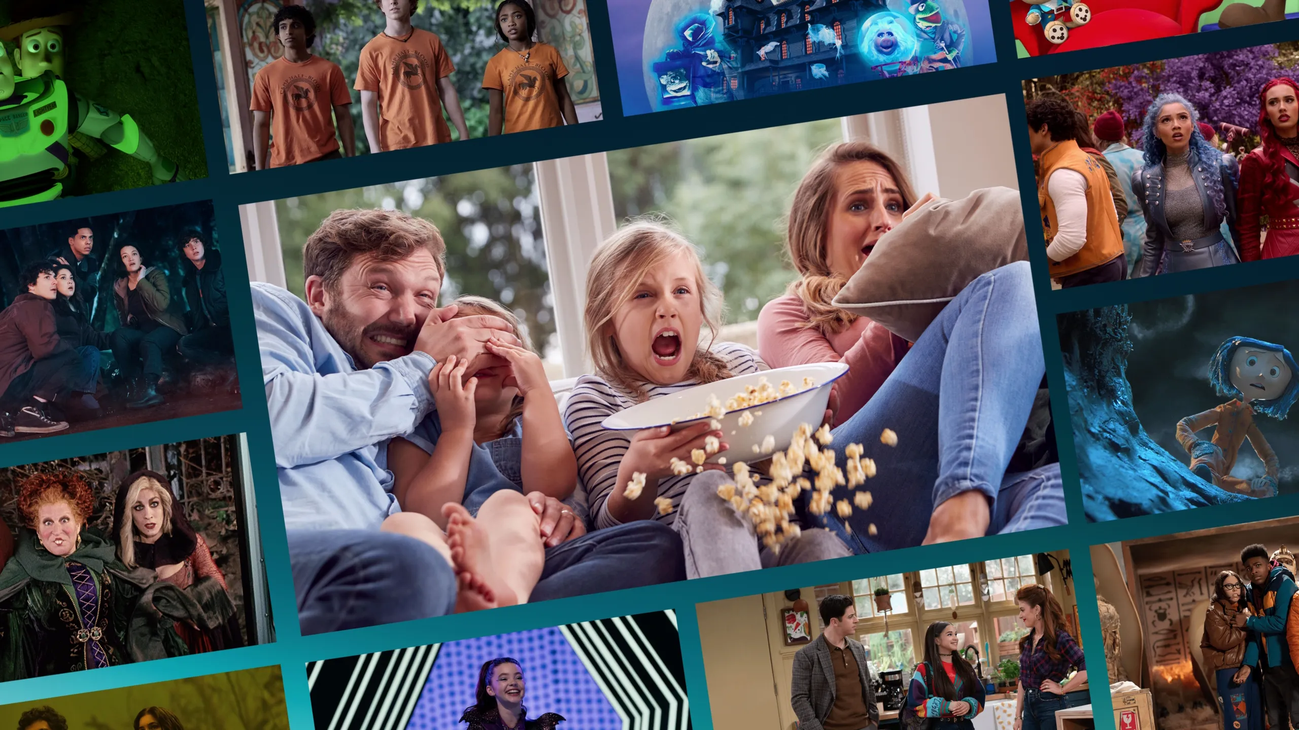 A promotional photo collage displays a family on a sofa eating popcorn and looking terrified at a screen, surrounded by a mosaic of Halloween-themed tiles from various Disney+ shows and movies.