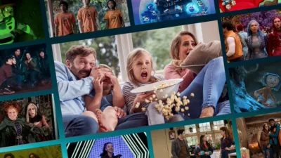 A promotional photo collage displays a family on a sofa eating popcorn and looking terrified at a screen, surrounded by a mosaic of Halloween-themed tiles from various Disney+ shows and movies.