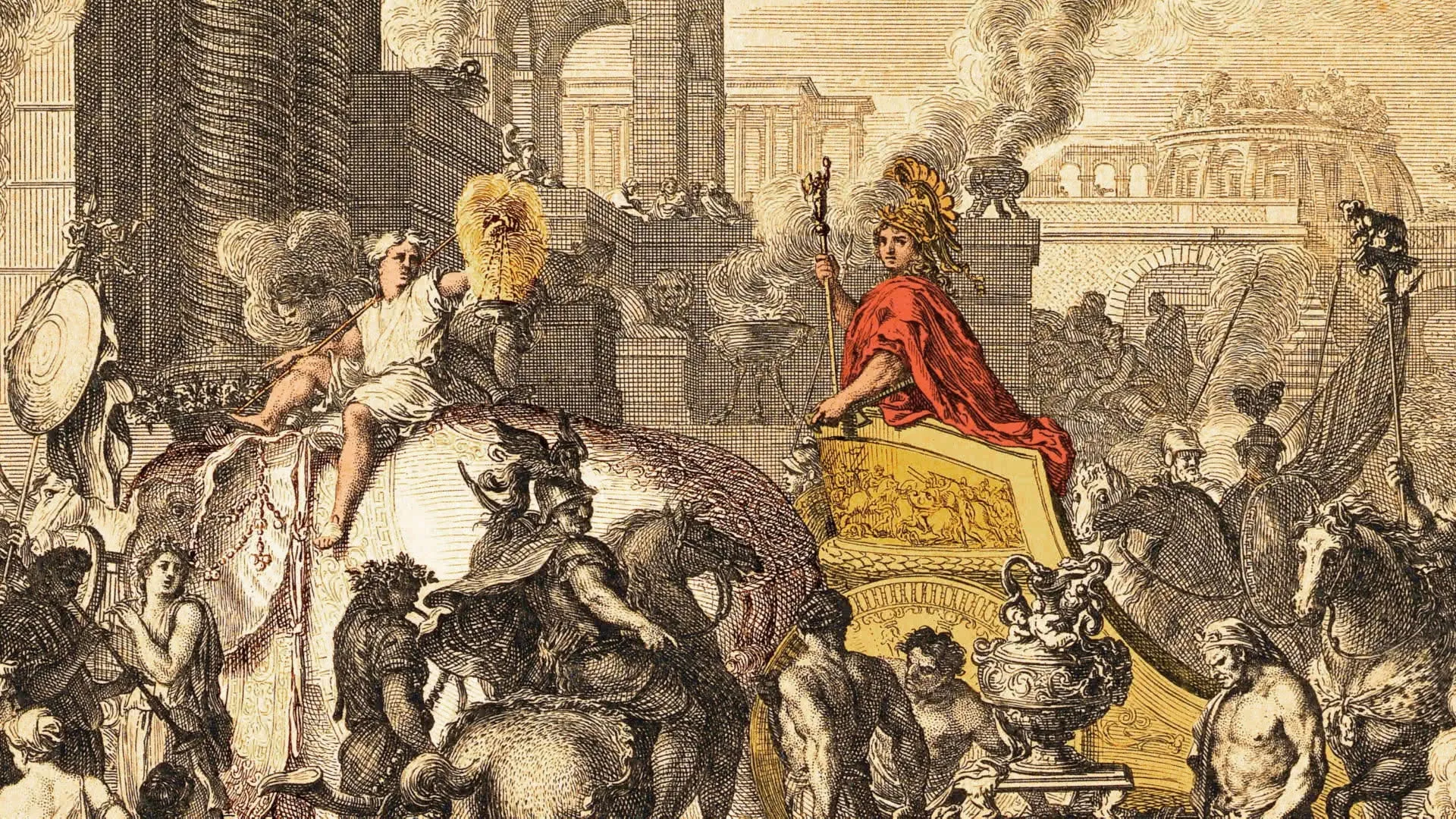 This image depicts Alexander the Great's triumphant entry into Babylon in 331 BC, following his victory over the Persian Empire. 
