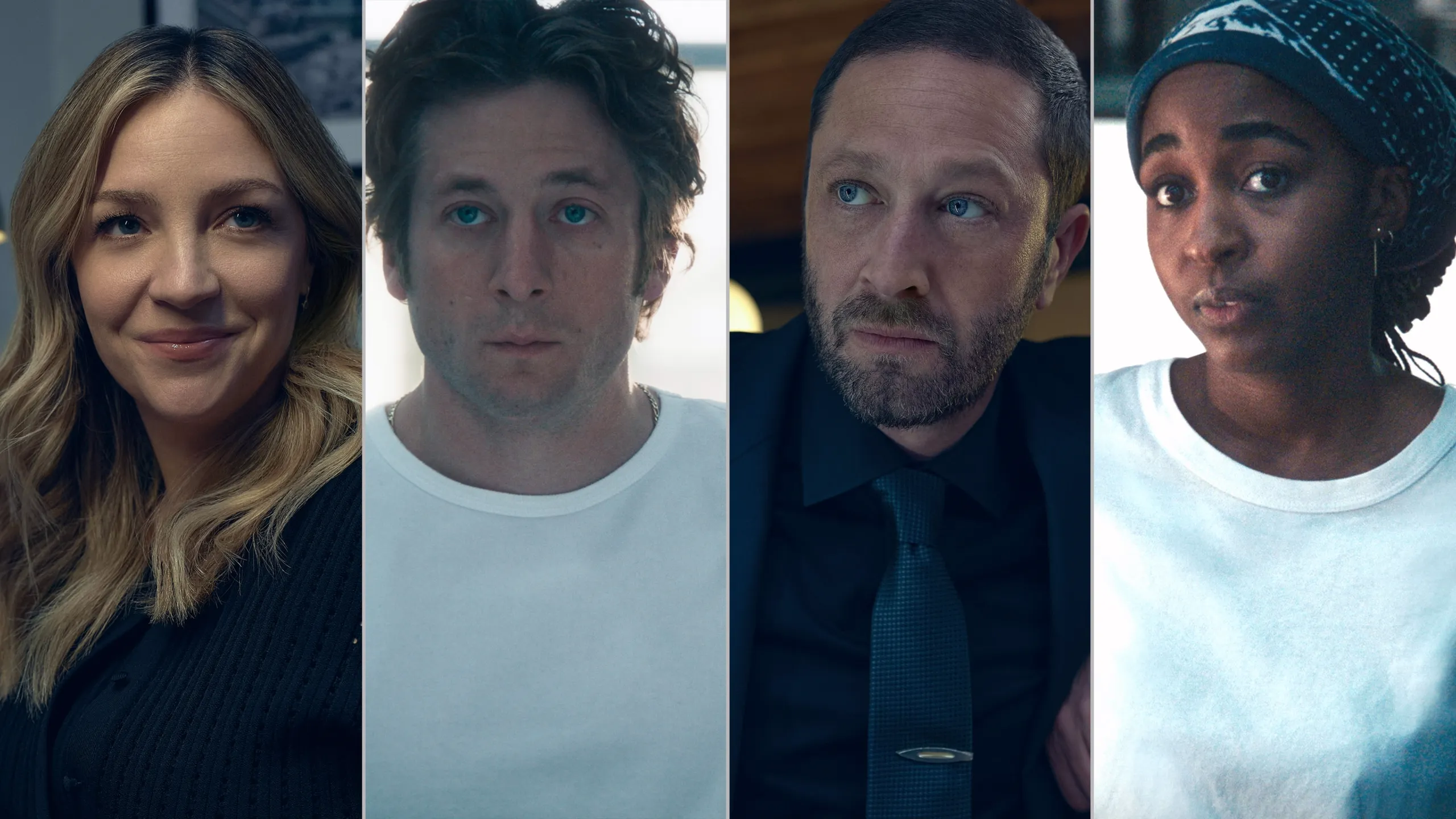 Imagem que apresenta personagens principais de *O Urso, incluindo Natalie "Sugar" Berzatto (Abby Elliott), Carmen "Carmy" Berzatto (Jeremy Allen White), Richard "Richie" Jerimovich (Ebon Moss-Bachrach) e Sydney Adamu (Ayo Edebiri).