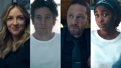 A four-panel grid features key characters from The Bear including Natalie "Sugar" Berzatto (Abby Elliott), Carmen "Carmy" Berzatto (Jeremy Allen White), Richard "Richie" Jerimovich (Ebon Moss-Bachrach), and Sydney Adamu (Ayo Edebiri).