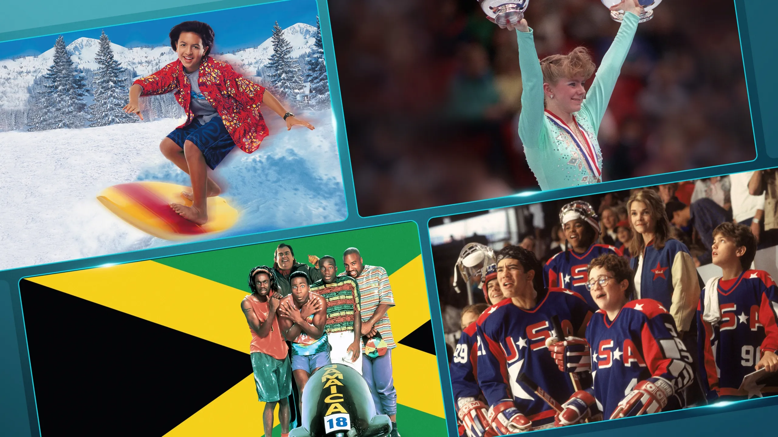 A collage of images from movies Johnny Tsunami, The Price of Gold, Cool Runnings, and The Mighty Ducks