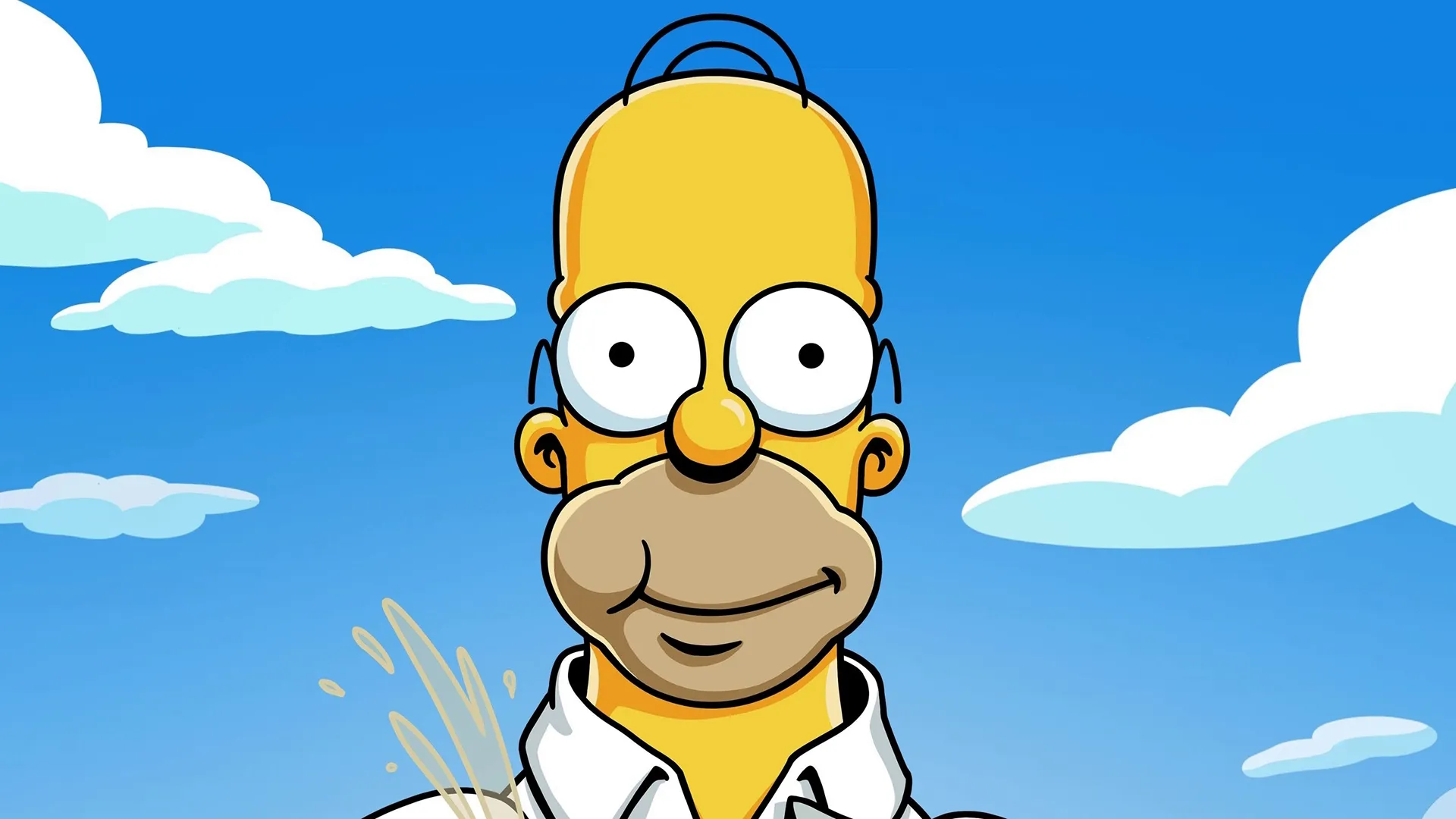 A close-up illustration of Homer Simpson staring forward with wide eyes and a subtle smile against a bright blue sky filled with white clouds.