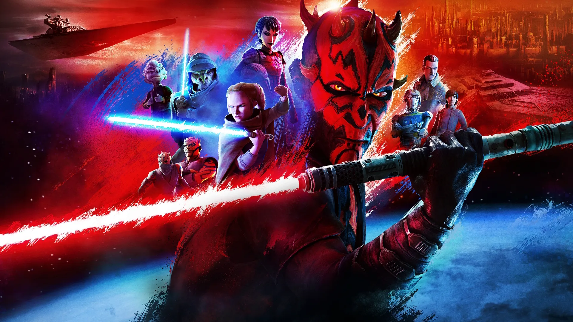 This image features the character Darth Maul from the Star Wars universe, specifically as he appears in the upcoming animated series Star Wars: Maul – Shadow Lord. 