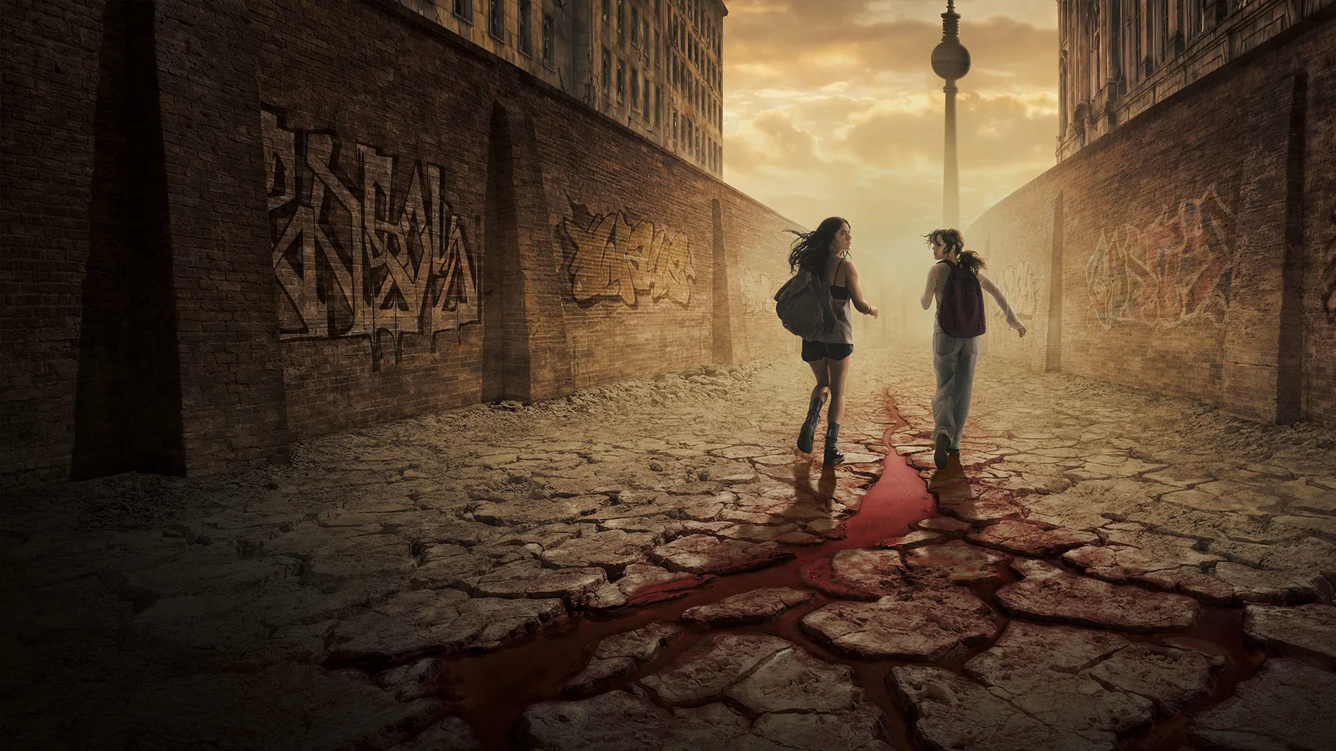 Bea and Phoebe stand against the backdrop of a dystopian Berlin in City of Blood.