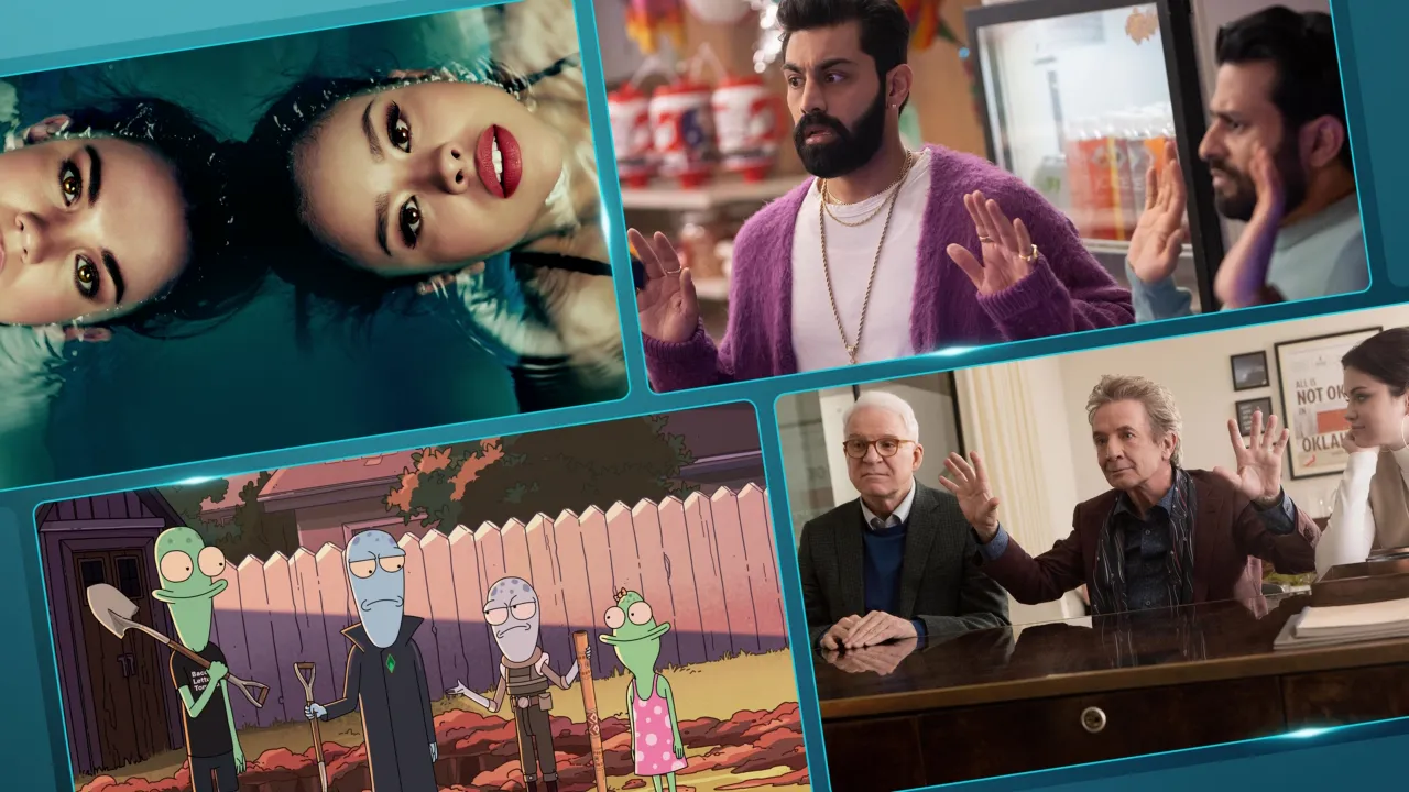 A collage of images from Good Trouble, Deli Boys, Solar Opposites, and Only Murders in the Building