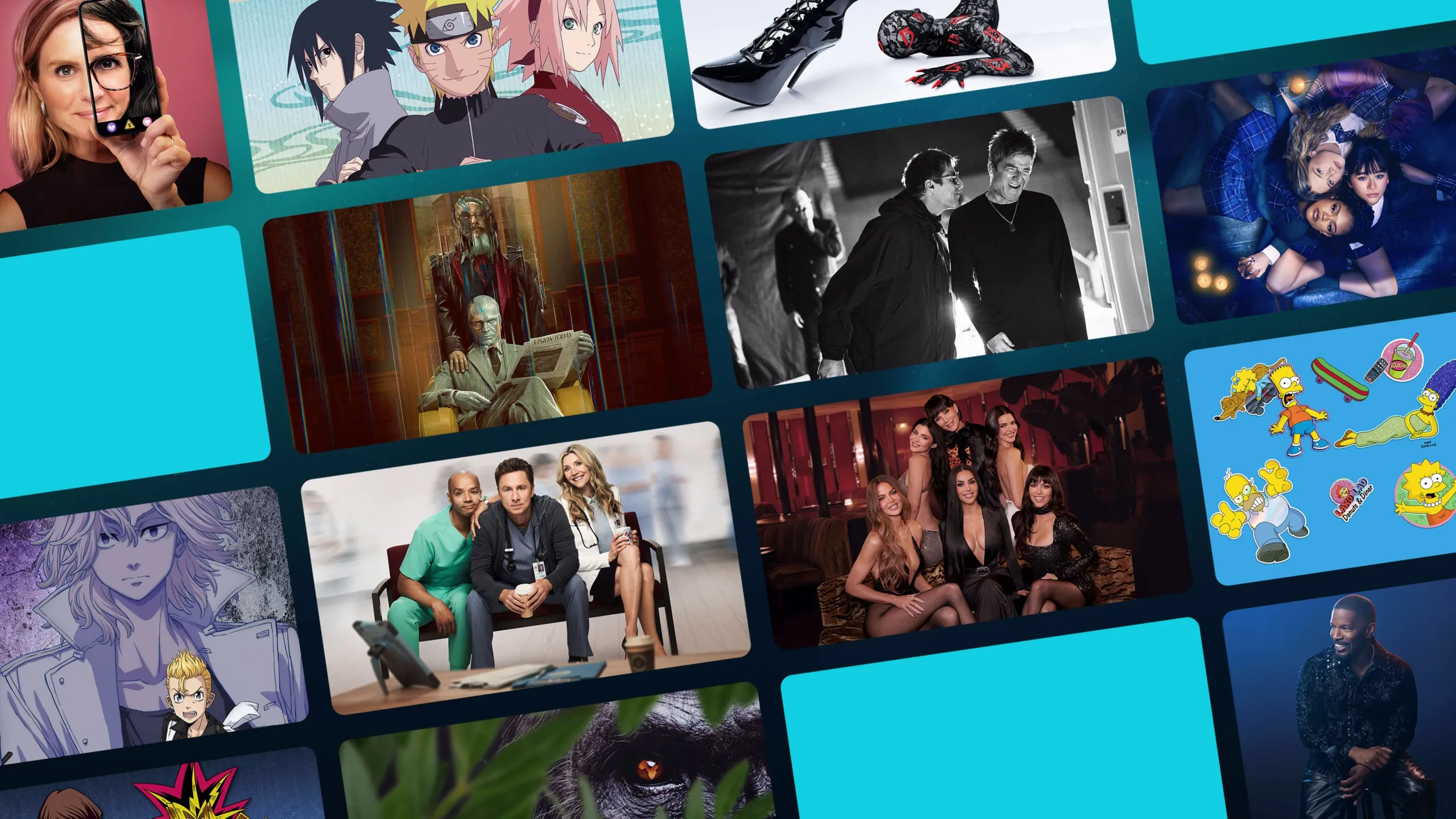The image is a promotional or interface collage featuring a variety of movies, TV shows, and anime characters available on streaming platforms like Disney+ and Hulu.