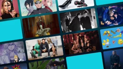 The image is a promotional or interface collage featuring a variety of movies, TV shows, and anime characters available on streaming platforms like Disney+ and Hulu.