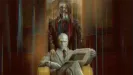 An official promotional poster for Marvel Television's VisionQuest shows Vision sitting in a yellow armchair reading a newspaper, while James Spader's human-form Ultron stands directly behind him with a hand on his shoulder against a wood-paneled room distorted by glitch effects.