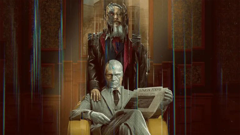 Un póster promocional oficial de *VisionQuest*, de Marvel Television, muestra a Visión sentado en un sillón amarillo leyendo un periódico, mientras Ultron —en su forma humana interpretada por James Spader— permanece de pie justo detrás de él con una mano sobre su hombro, en una habitación con paneles de madera distorsionada